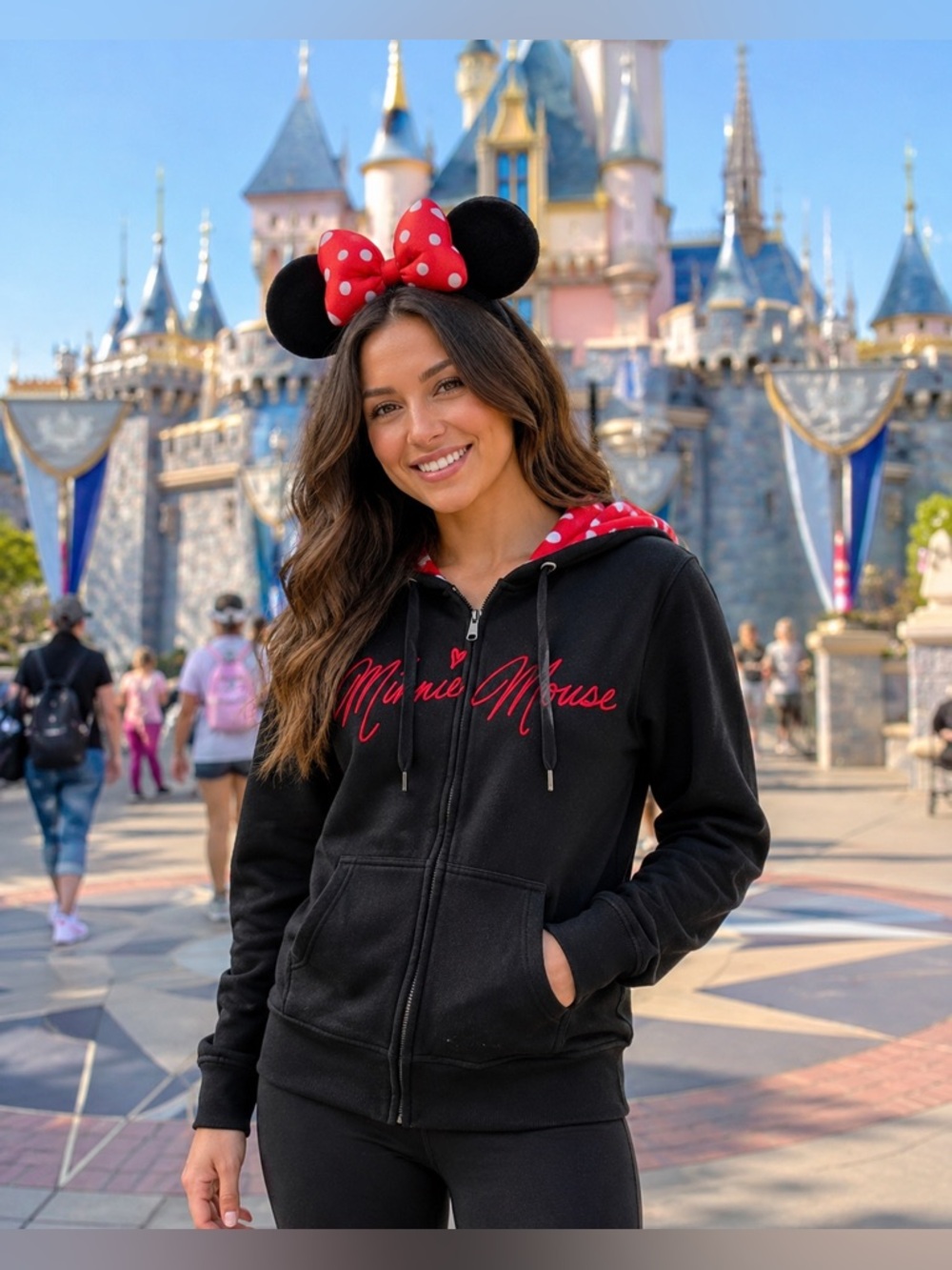Womens Black Disney attire Minnie Mouse Ears Black Hoodie‎ Full Zip Sweatshirt S